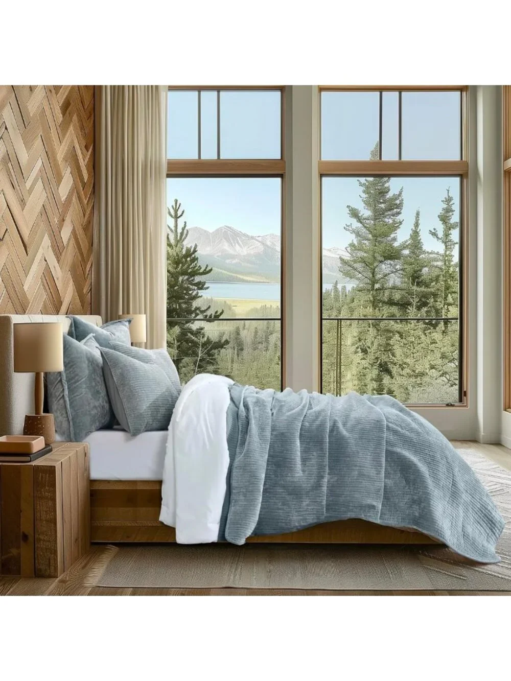 Queen Size Striped Velvet Quilt Set - Soft Blue Linen Bedding for Cozy Comfort